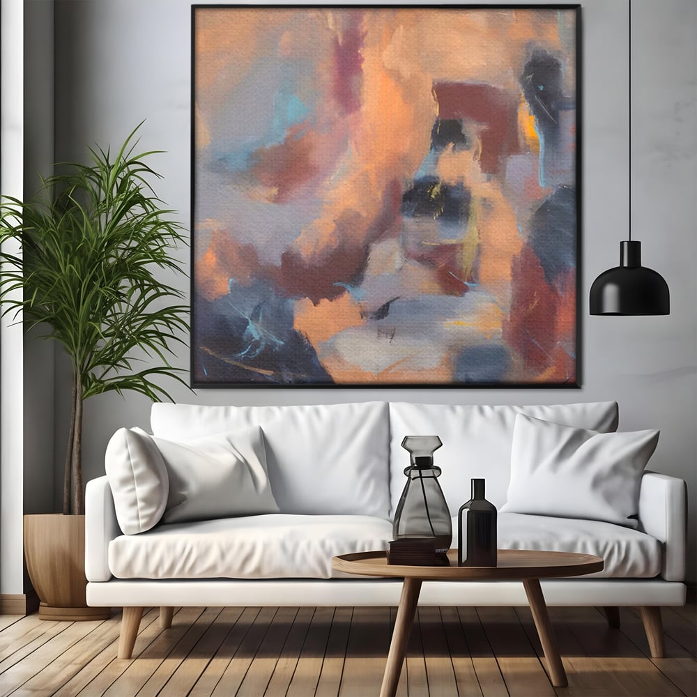 Tablou canvas cu pictura abstracta patrata cu maro, in rama de aluminiu negru, pe perete intr-un living